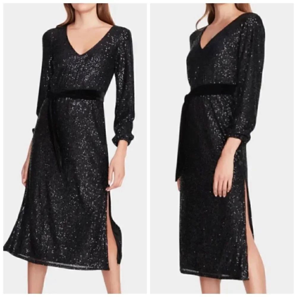 Betsey Johnson Black Sequin Side Slits Midi Dress Size Small
